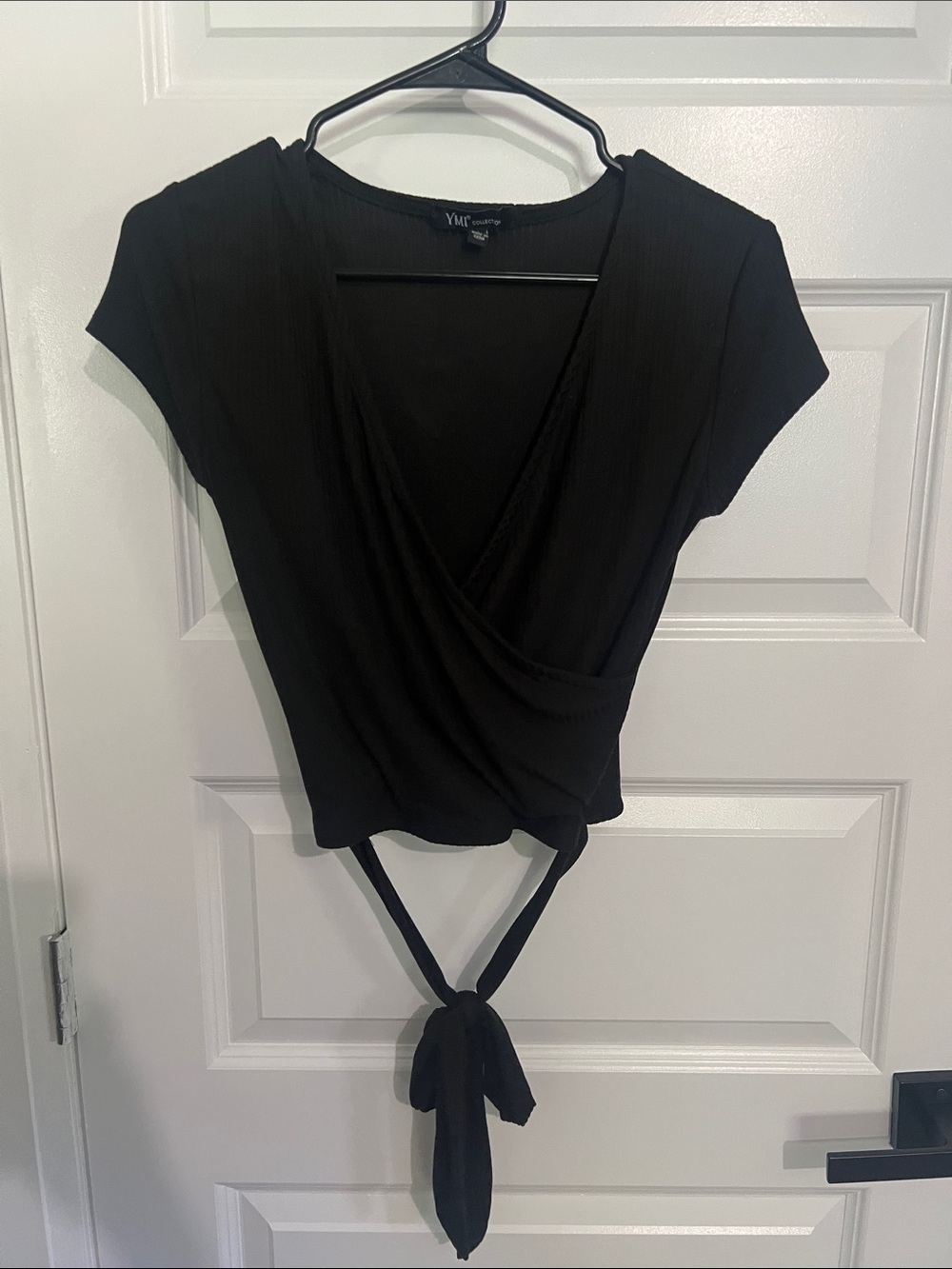 YMI Black Short-Sleeve Wrap Tie-Front Crop Top